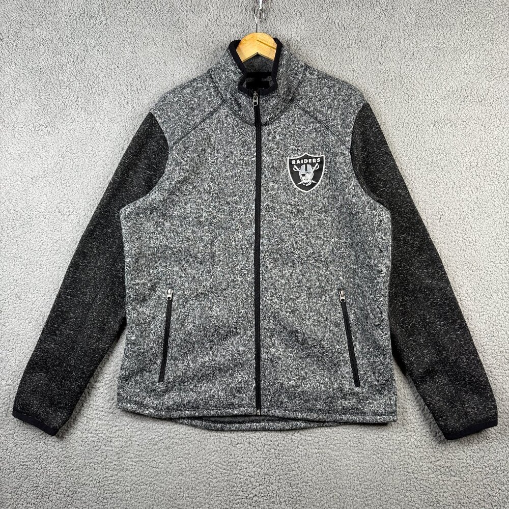 NFL Oakland Raiders Sweater Mens Large Full Zip Mock Neck Color Block Fleece